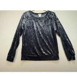 Matty M Crushed Velour Shirt Blouse Long Sleeve Stretch Blue Women's Size M